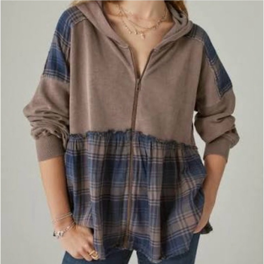 NWT Lucky Brand Brown Navy Plaid oversized Zip Hoodie terry sweatshirt XL